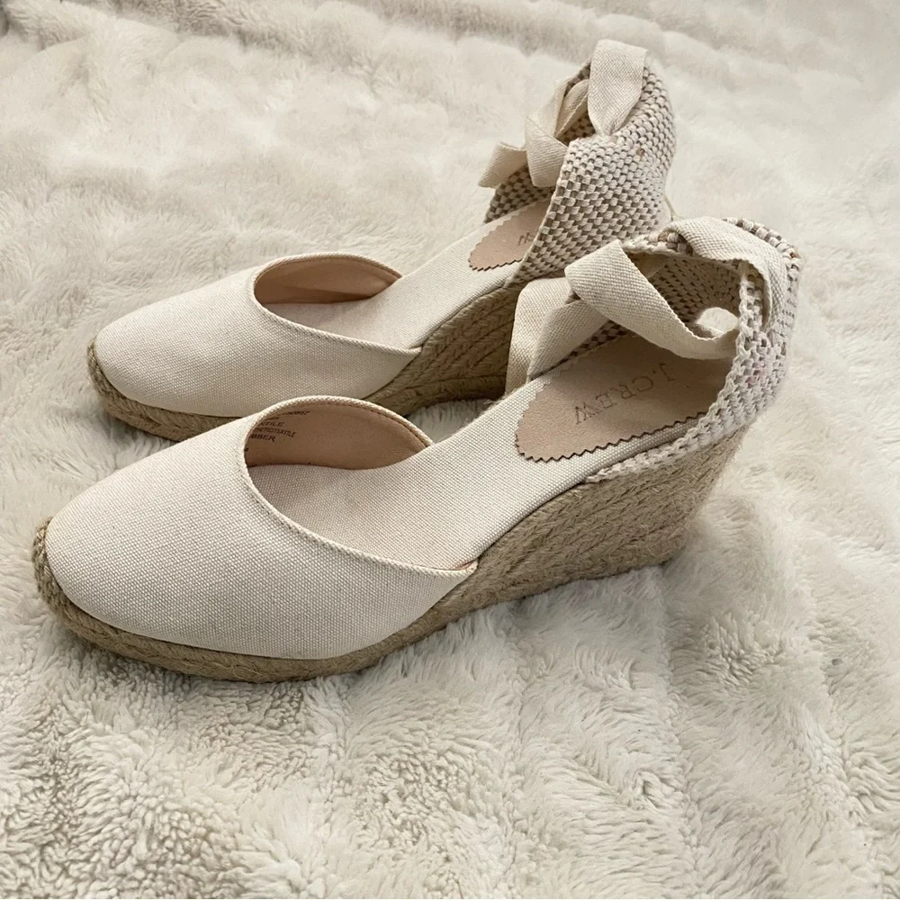 J. Crew Cream Round Toe Canvas Espadrille Wedges Size 9.5 Made in Spain